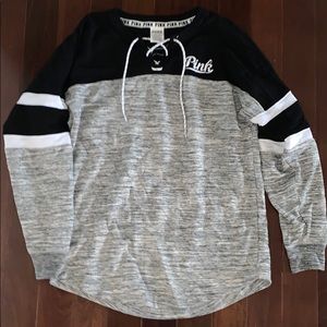 LIGHTLY WORN BLACK AND GRAY VSPINK LACE UP CREW